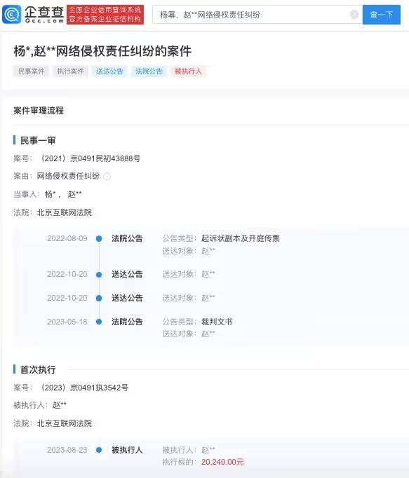 杨幂黑粉被强执2万 未收到公开道歉已申请强制执行