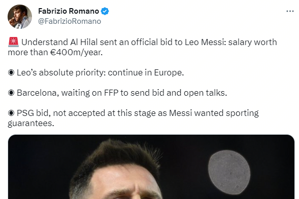 罗马诺：利雅得新月正式报价梅西 年薪超4亿欧