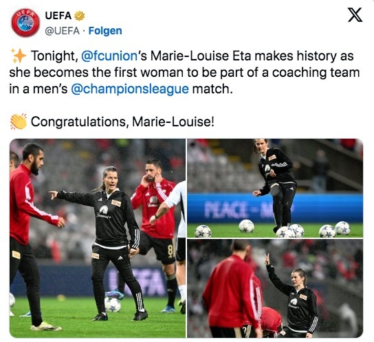 书写历史！柏林联女助教埃塔成为男子欧冠赛场首位女性教练组成员