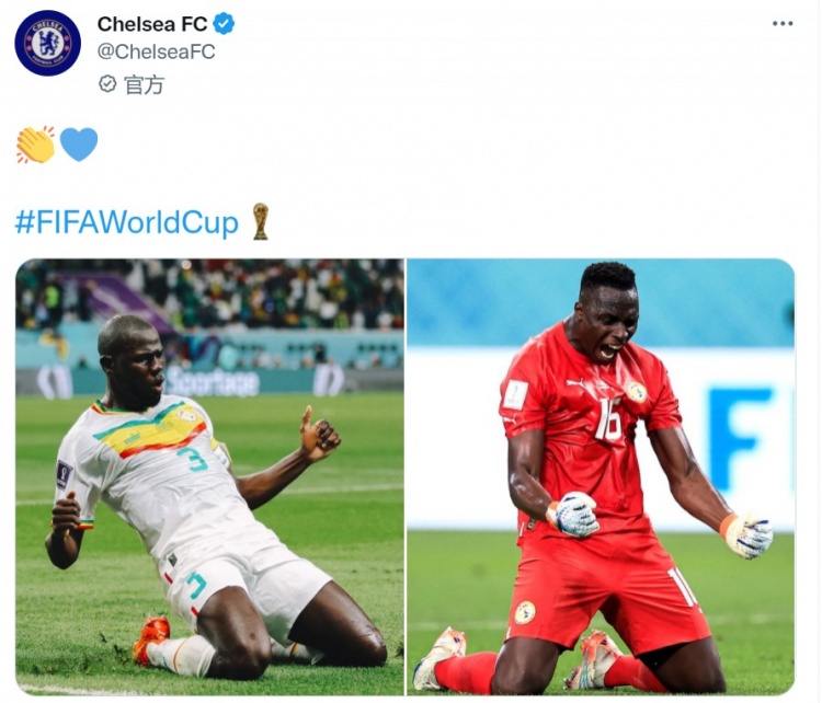 库利巴利&门迪随塞内加尔进入世界杯16强，切尔西发文祝贺