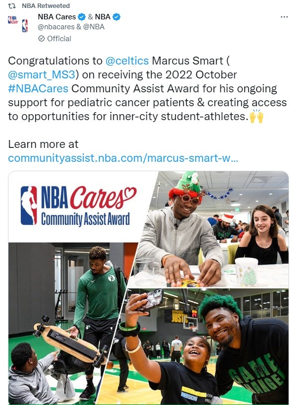 聪明哥！凯尔特人球员斯玛特获得NBA十月份社区关怀援助奖