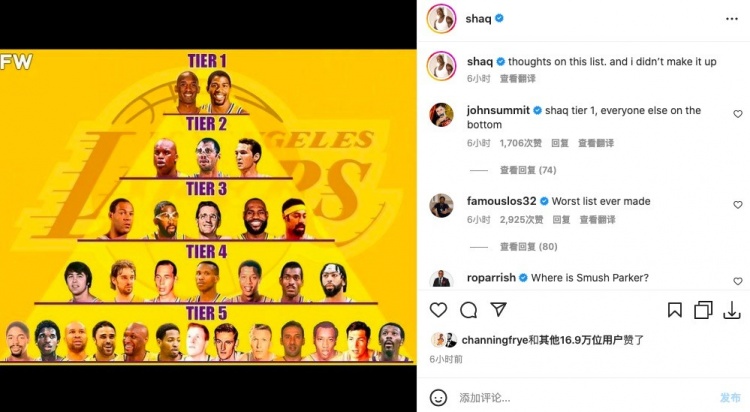 奥尼尔晒湖人队史金字塔：科比&魔术师登顶 詹姆斯第3档 AD第4档