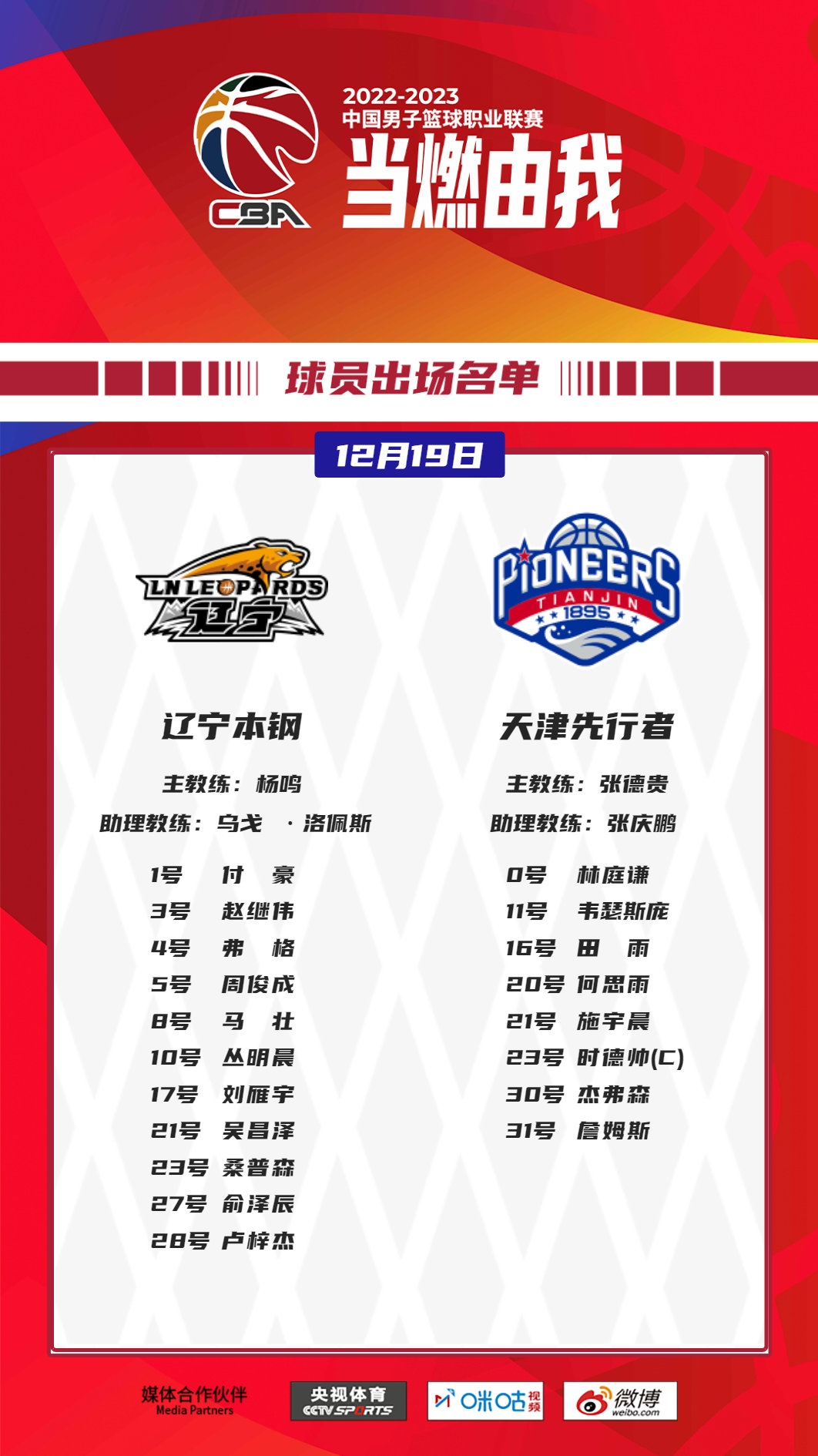 辽宁vs天津大名单：郭艾伦&张镇麟&韩德君缺阵 天津仅8人在列