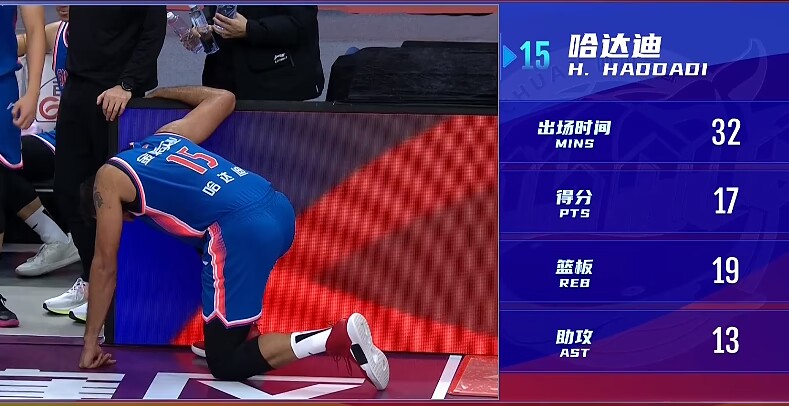 累趴了！37岁哈达迪出战32分钟 砍下17分19篮板13助攻6封盖
