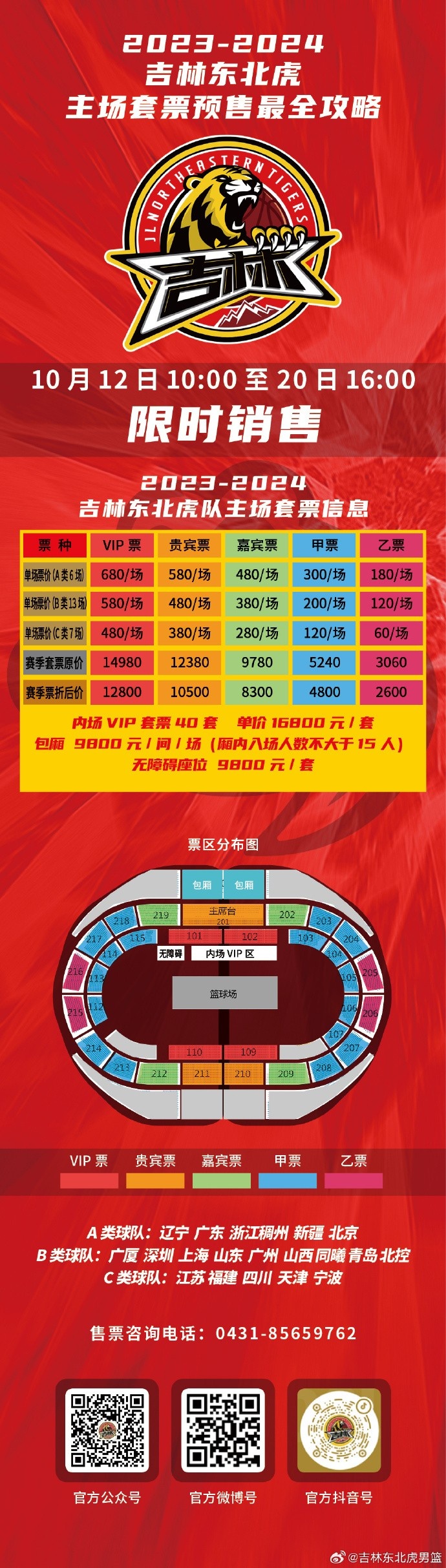 吉林男篮新赛季套票价格：VIP票折后12800元最低乙等2600元