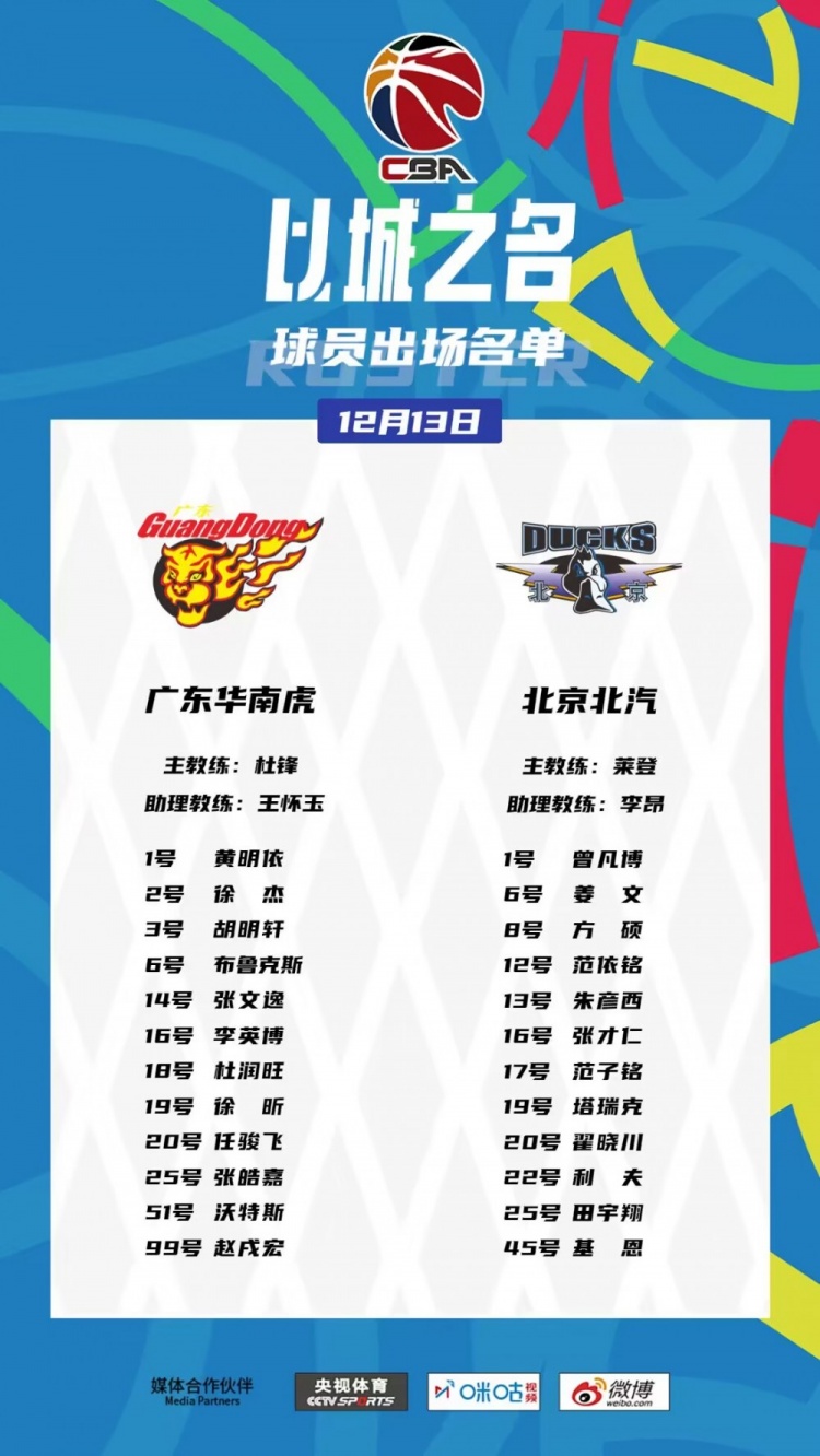 广东VS北京大名单：周琦轮休徐杰&胡明轩&曾凡博在列