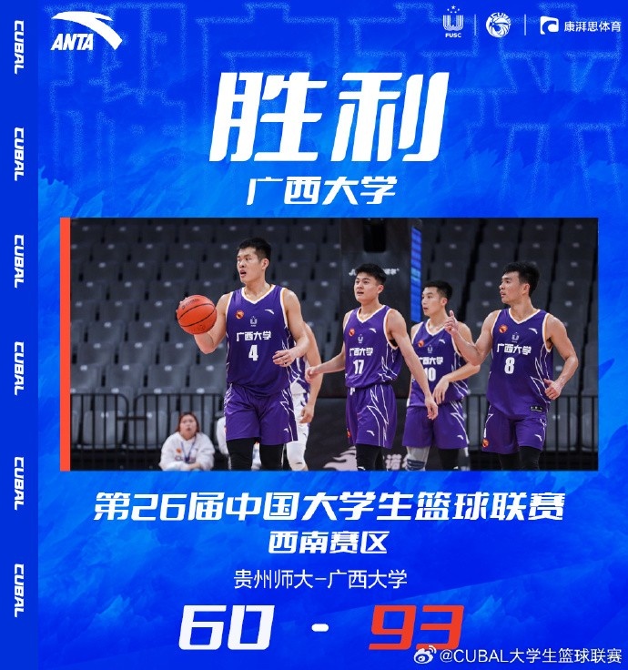 CUBAL张恩铭25分&7记三分高鑫19+8广西大学大胜贵州师大