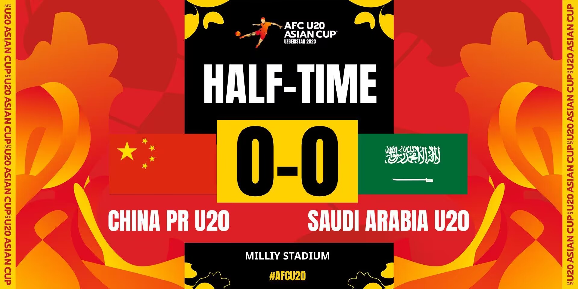 U20国足半场0-0战平沙特U20，控球率45%-55%&射门数1-3