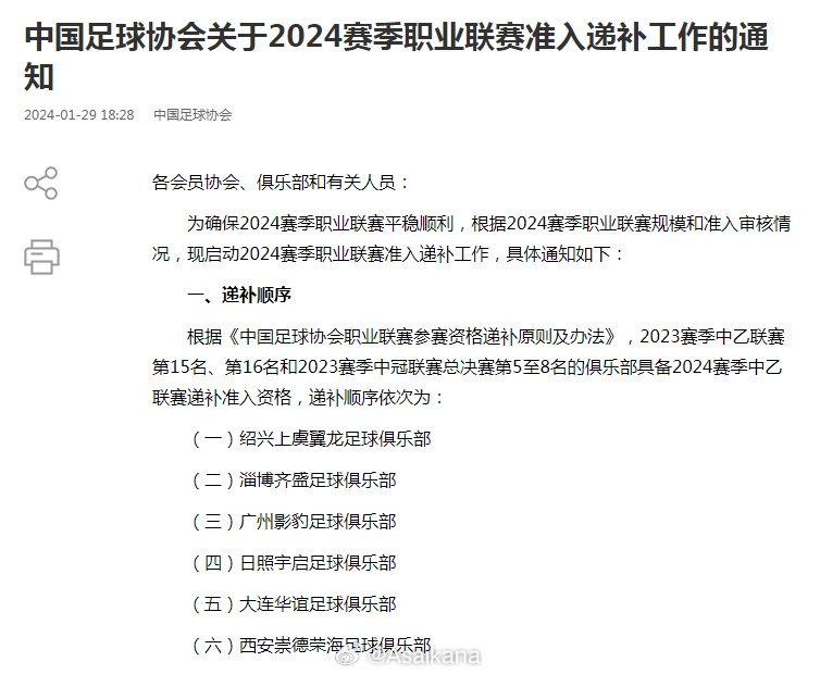 2家中乙和4家中冠球队将参加准入递补注意：准入递补递补