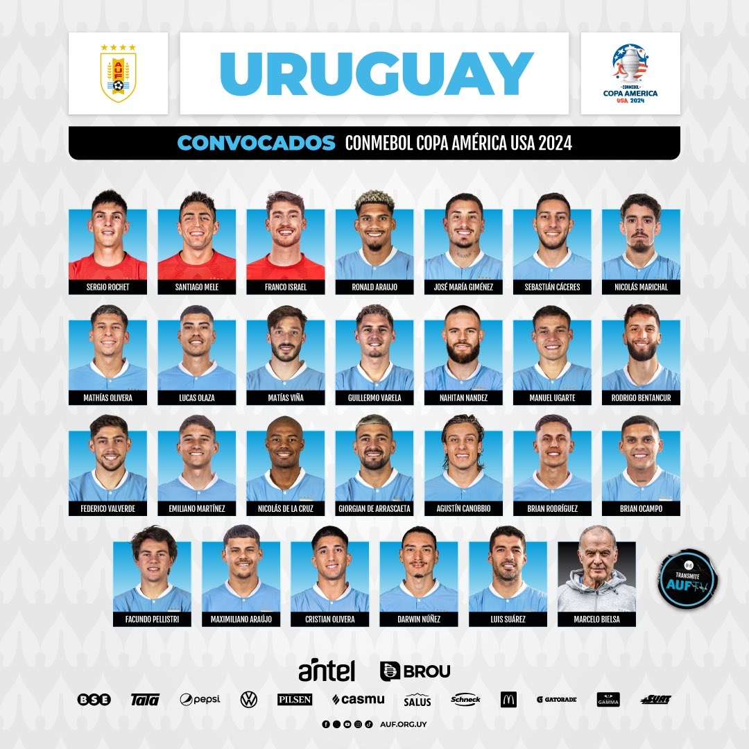 乌拉圭美洲杯大名单：巴尔韦德、努涅斯领衔37岁苏亚雷斯入选