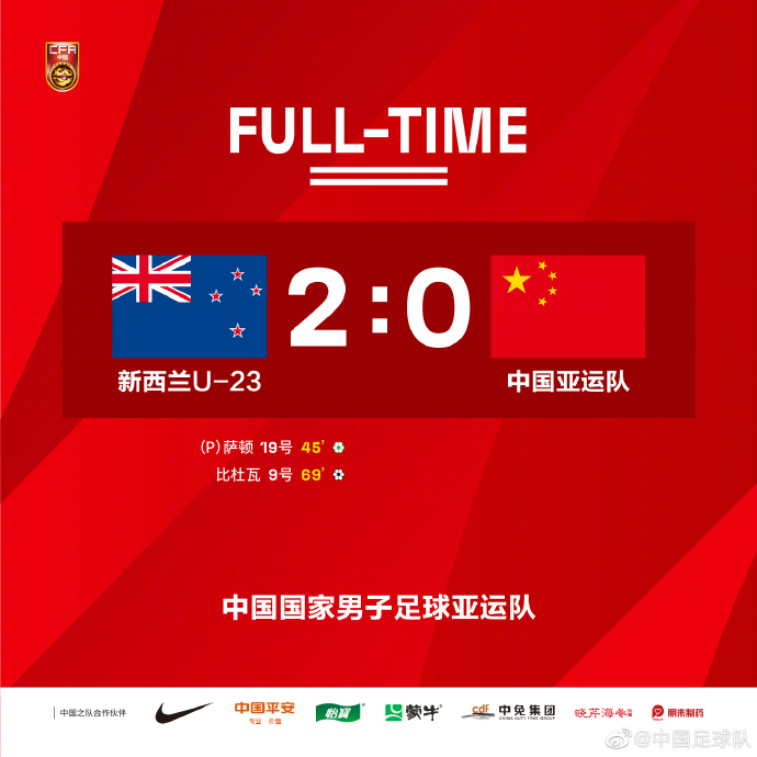 中国国家男子足球亚运队0:2负于新西兰U-23国家男子足球队