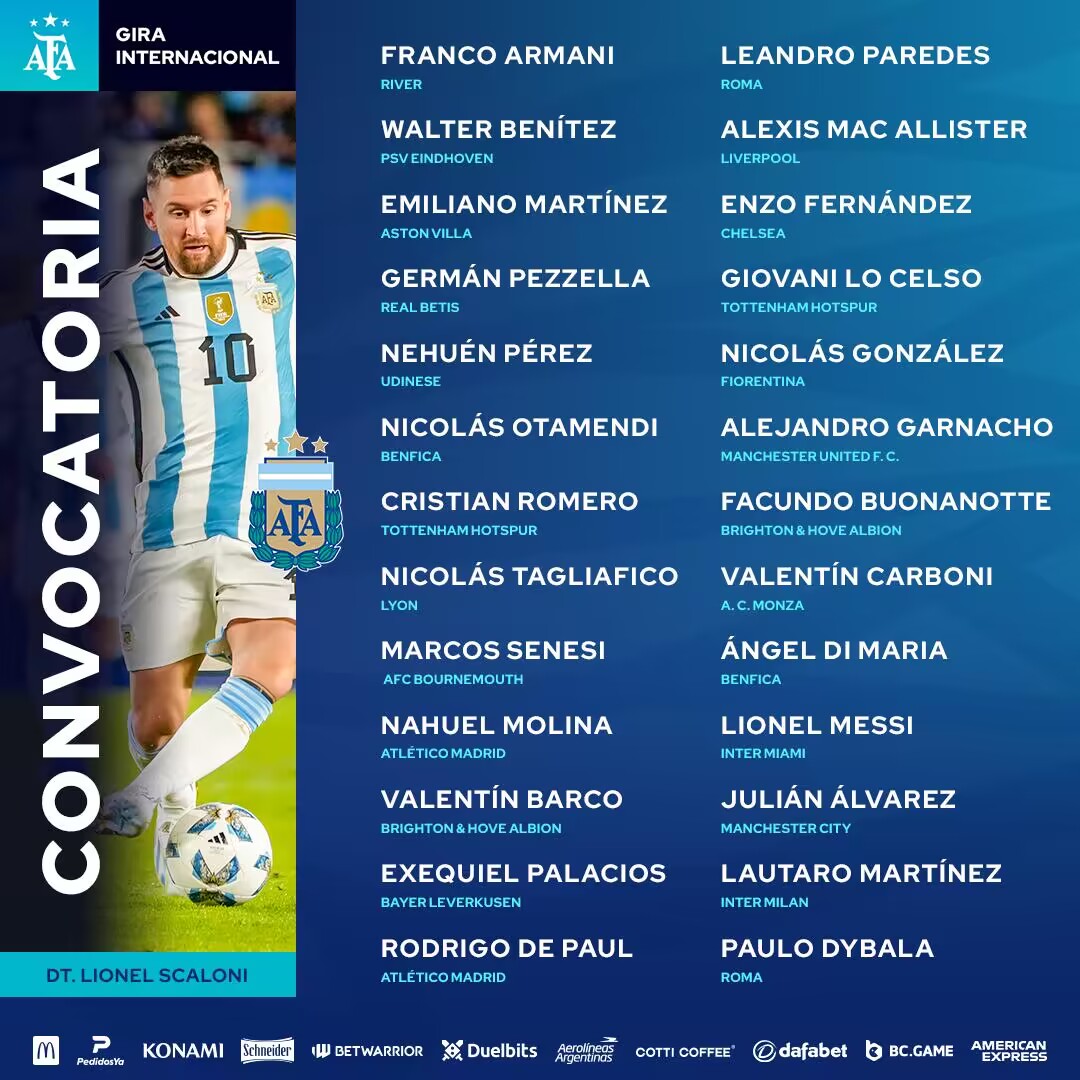 阿根廷大名单：梅西领衔，迪巴拉、迪马利亚、加纳乔入选