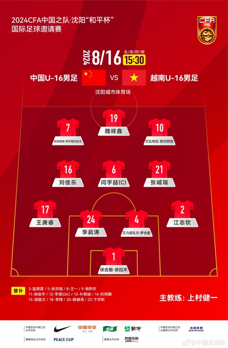 中国U16vs越南U16首发：队长闫宇喆领衔出战，张洪福替补