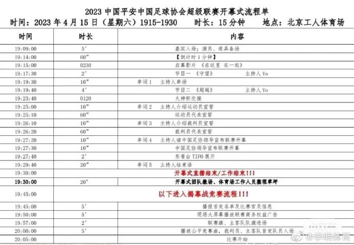 中超开幕式流程确定：时长15分钟，中国足协领导宣布联赛开幕