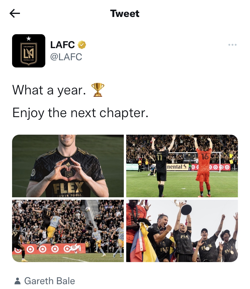 洛杉矶FC致意贝尔：梦幻般的一年