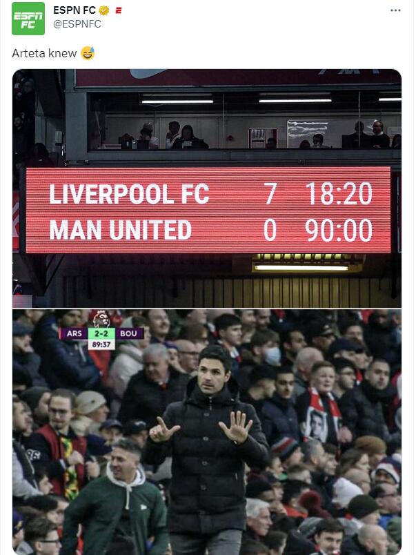 ESPN调侃曼联0-7利物浦：阿尔特塔早已预见