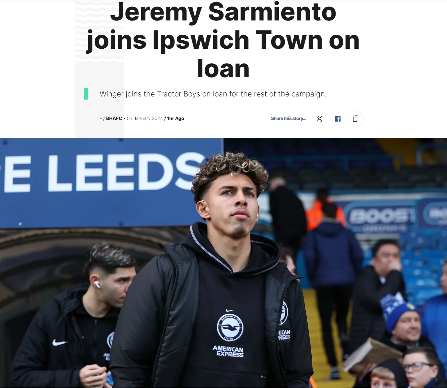 布莱顿官方：萨米恩托租借加盟英冠伊普斯维奇租期至本赛季末