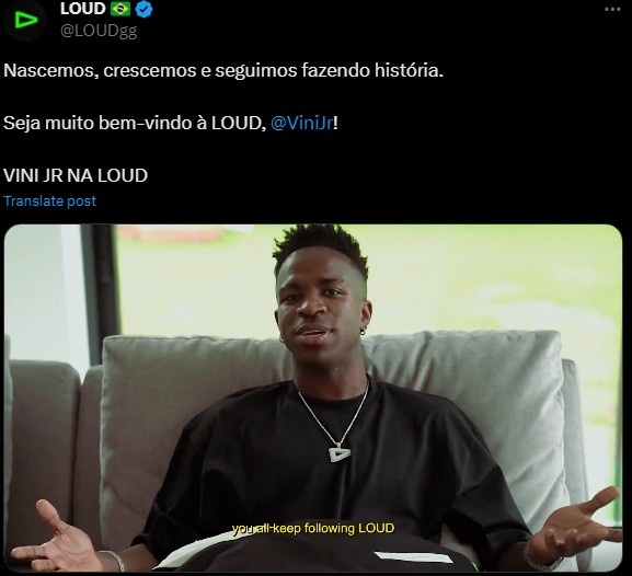 进军电竞！维尼修斯宣布担任巴西电竞队伍LOUD的形象大使