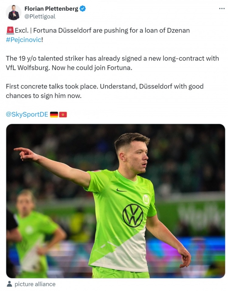 德天空：杜塞尔多夫有意租借狼堡19岁中锋佩伊契诺维奇