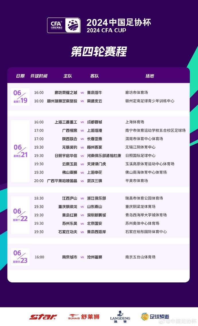 足协杯第四轮赛程：铜梁龙vs泰山6月22日、广西vs海港6月21日