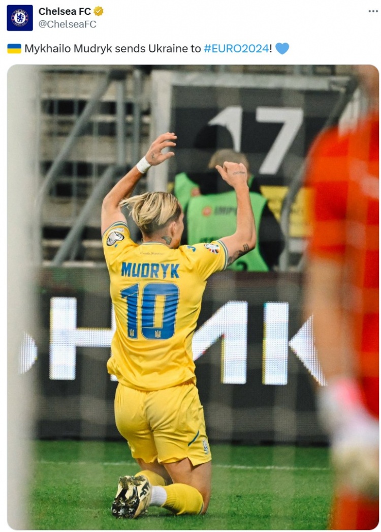 绝杀助乌克兰晋级欧洲杯正赛，切尔西官方晒照祝贺穆德里克