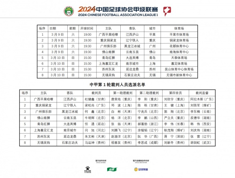 中甲首轮裁判安排：杜健鑫执法广西揭幕战，广州vs黑龙江主裁何鑫