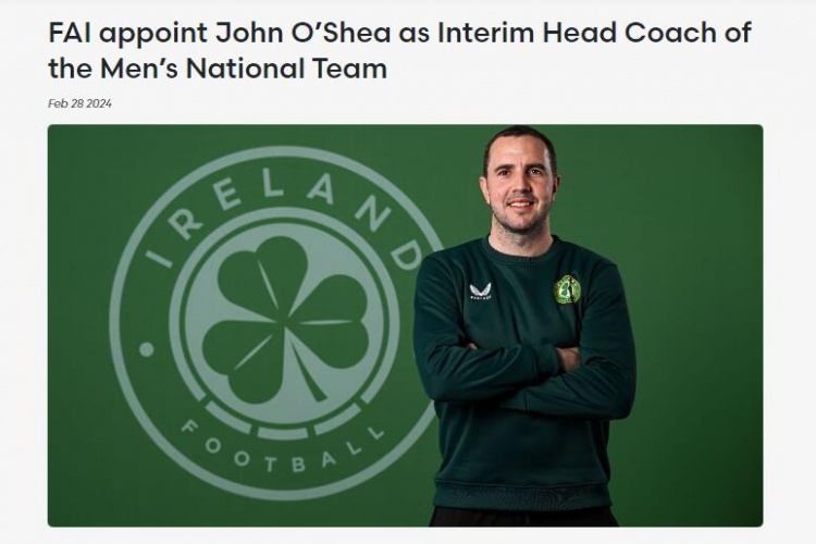官方：约翰奥谢担任爱尔兰临时主帅，将带队踢3月两场友谊赛