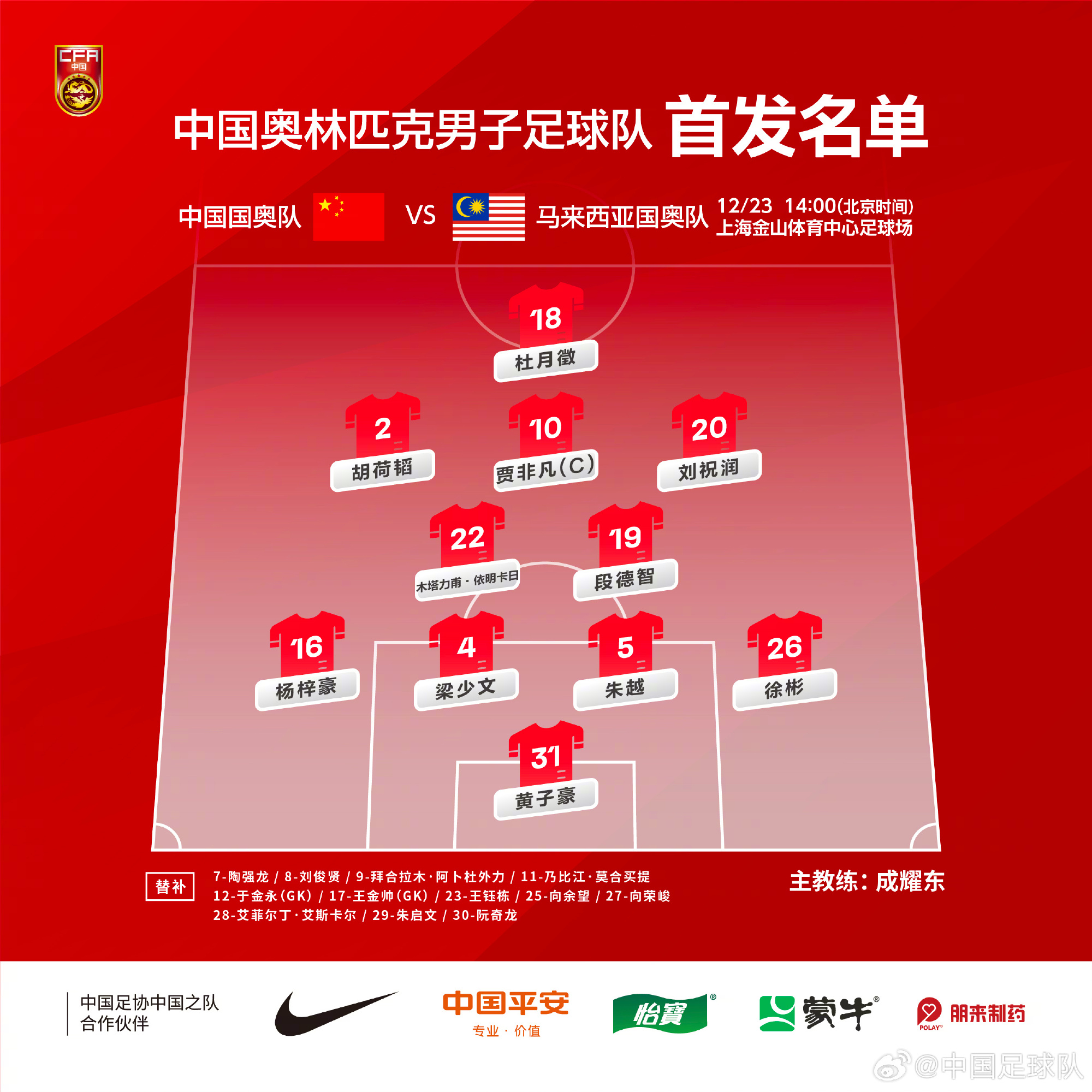 热身赛中国国奥vs马来西亚国奥首发：贾非凡首发，陶强龙替补
