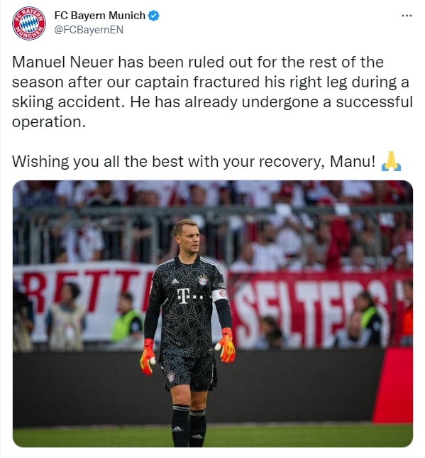 拜仁官方确认：诺伊尔将缺席本赛季剩余比赛，他已经成功接受手术