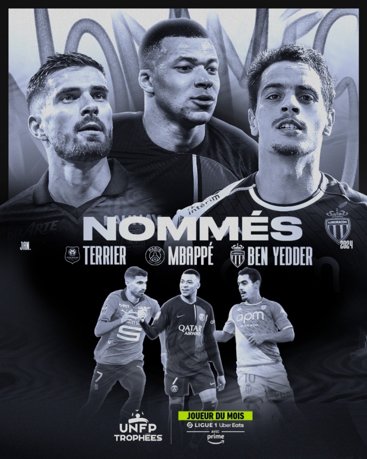 法甲1月最佳球员候选：姆巴佩领衔，本耶德尔、特里耶入选