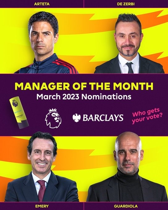 英超3月最佳教练候选：阿尔特塔、瓜迪奥拉、埃梅里、德泽尔比