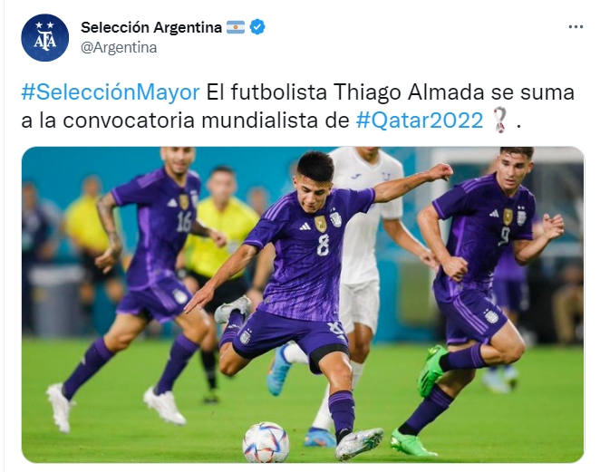 阿根廷官方：蒂亞戈-阿爾馬達遞補華金-科雷亞，入選世界杯大名單
