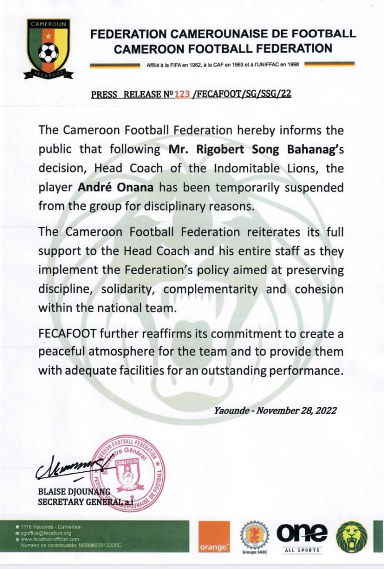 喀麦隆足协官方：奥纳纳因纪律原因被暂时队内禁赛