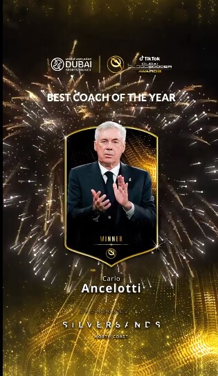 官方：安切洛蒂榮獲環足獎年度最佳教練，生涯第二次獲獎