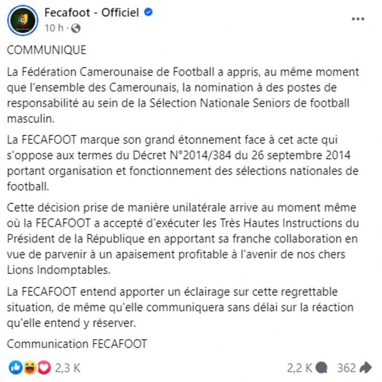 啊喀麦隆体育部官宣男足国家队新帅，遭自家足协否认