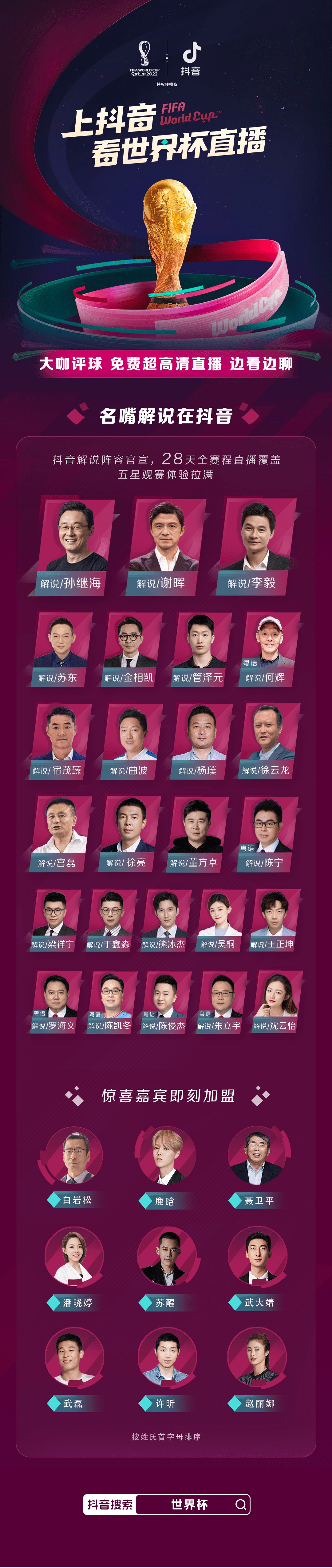世界杯三大平台的解说员阵容一览~