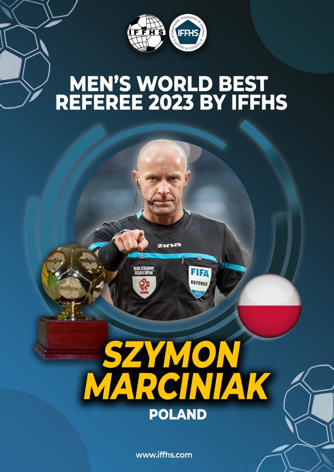 马齐尼亚克当选2023年度IFFHS最佳男裁判，执法去年欧冠决赛