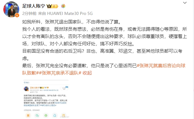 媒体人：如我所料，张琳芃退出国家队，不由得他说了算