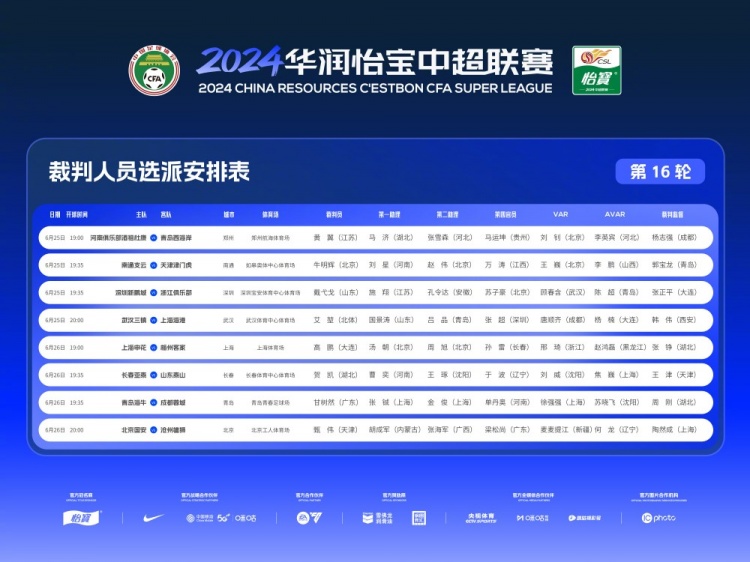 中超第16轮裁判：艾堃执法三镇vs海港麦麦提江任国安vs沧州VAR