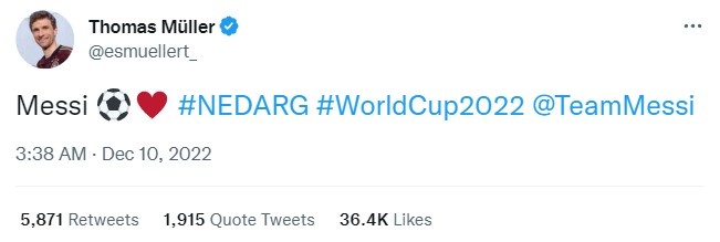 老迷弟了！穆勒发推称赞梅西：梅西⚽️❤